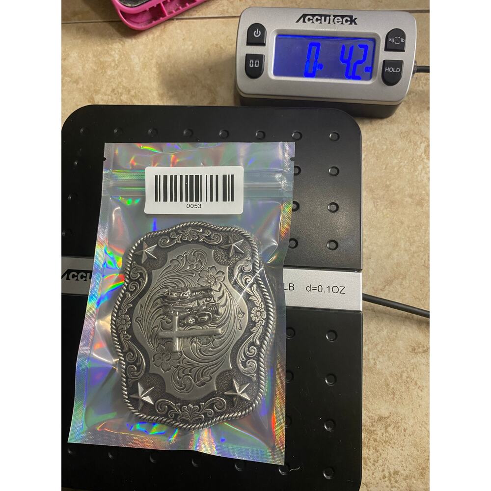 Nocona Buckle Silver Tone cross cowboy on knees horse - Picture 6 of 6